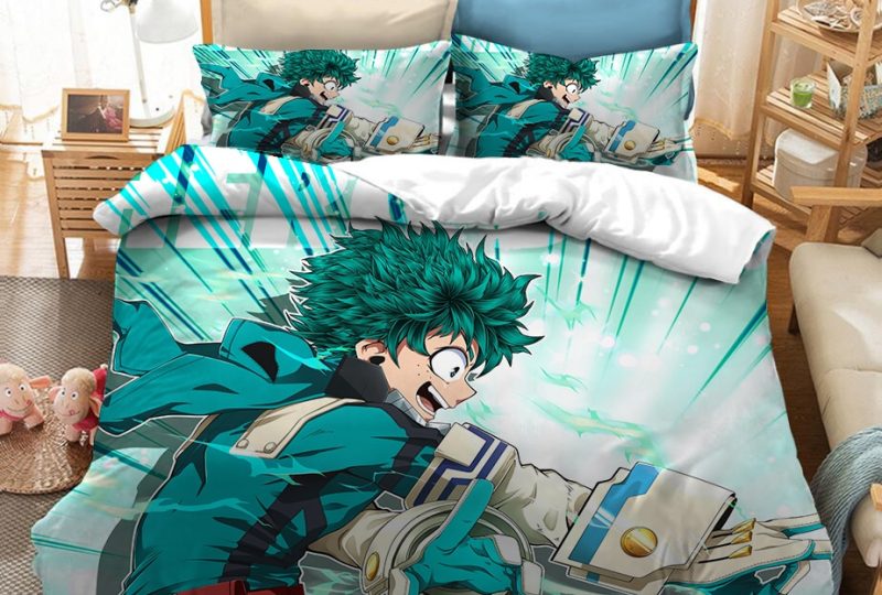 Parure de lit Izuku Midoriya en plein combat. Bonne qualité, confortable et à la mode sur un lit dans une maison