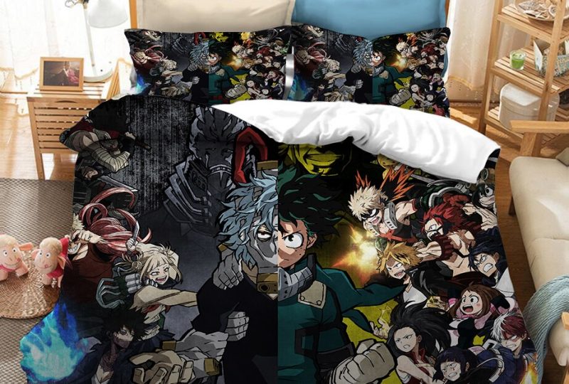 Parure de lit Izuku et Katsuki avec leur bande. Bonne qualité, confortable et à la mode sur un lit dans une maison