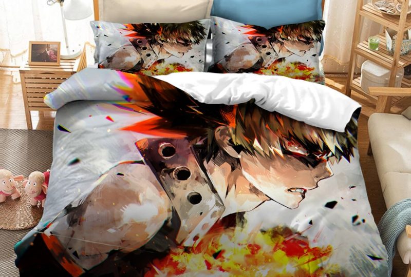 64353-be69e7.jpg Parure de lit avec imprimé Katsuki Bakugô en plein combat. Bonne qualité, confortable et à la mode sur un lit dans une maison