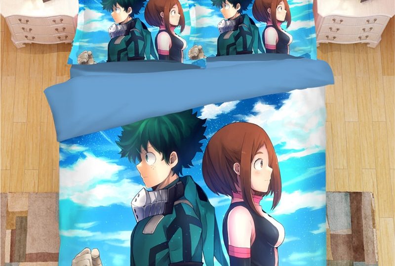 Parure de lit bleue Izuku Midoriya et Ochaco Uraraka. Bonne qualité, confortable et à la mode sur un lit dans une maison