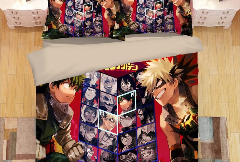 Parure de lit Izuku Midoriya vs Katsuki Bakugô. Bonne qualité, confortable et à la mode sur un lit dans une maison