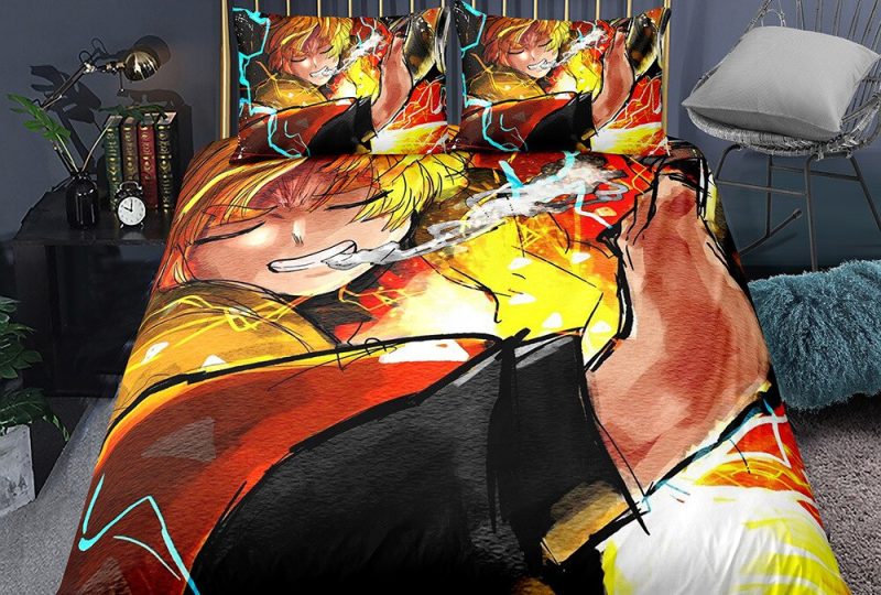 Parure de lit avec imprimé Zenitsu Demon Slayer. Bonne qualité, confortable et à la mode sur un lit dans une maison