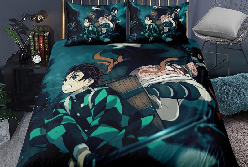 Parure de lit verte Tanjiro et Nezuko Demon Slayer. Bonne qualité, confortable et à la mode sur un lit dans une maison