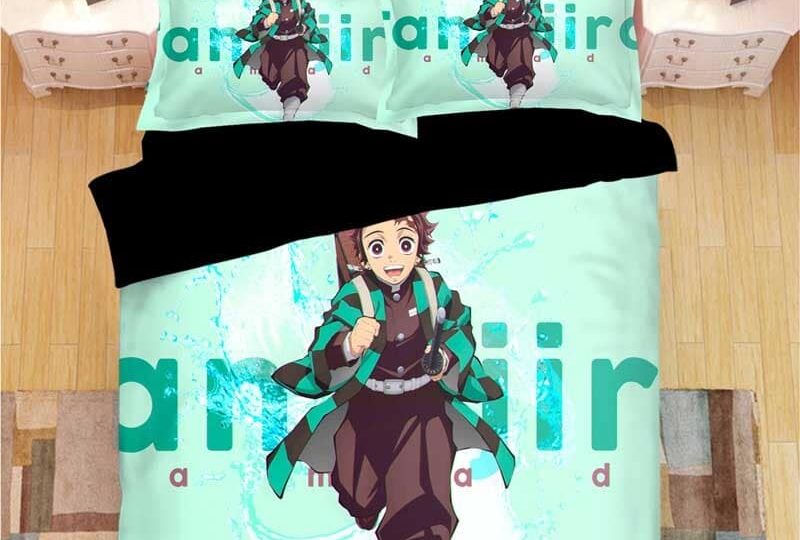 70203-hczzak.jpg Parure de lit vert bleu avec imprimé Kamado Tanjirô. Bonne qualité, confortable et à la mode sur un lit dans une maison