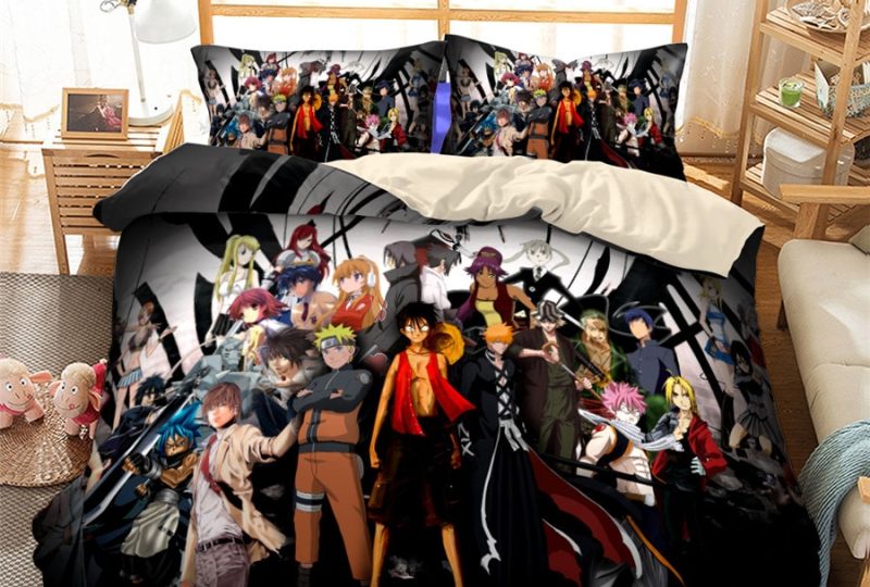 Parure de lit à motif personnages de mangas. Bonne qualité, confortable et à la mode sur un lit dans une maison