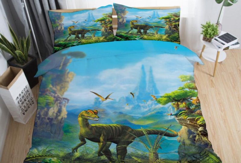 Parure de lit avec un dinosaure Velociraptor. Bonne qualité, confortable et à la mode sur un lit dans une maison