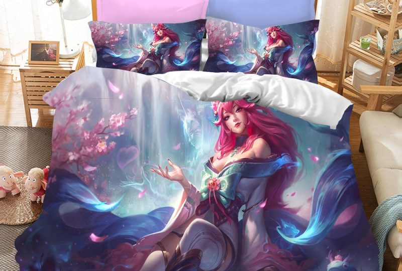 Parure de lit League of Legends et Katarina aux cheveux rouges. Bonne qualité, confortable et à la mode sur un lit dans une maison
