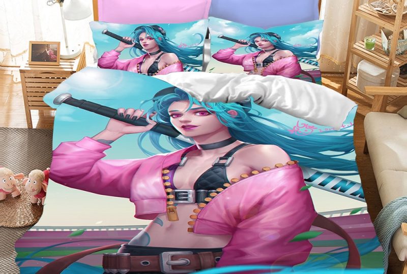 Parure de lit League of Legends et le personnage Jinx. Bonne qualité, confortable et à la mode sur un lit dans une maison