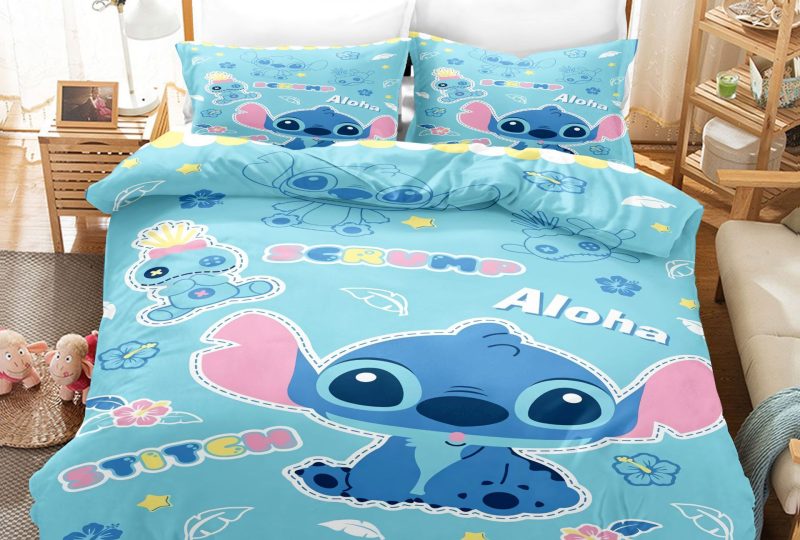 Parure de lit Stitch Aloha. Bonne qualité, confortable et à la mode sur un lit dans une maison
