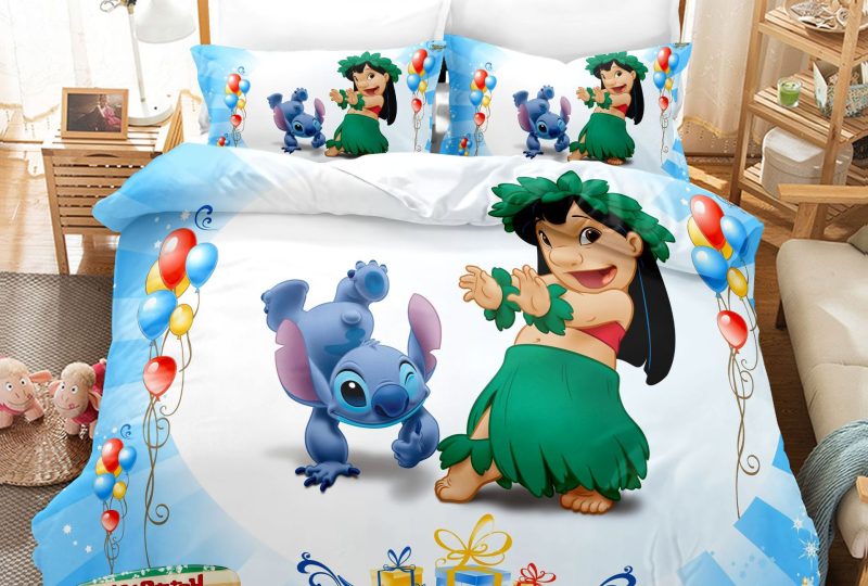 Parure de lit Lilo et Stitch en costume Hawaiien. Bonne qualité, confortable et à la mode sur un lit dans une maison