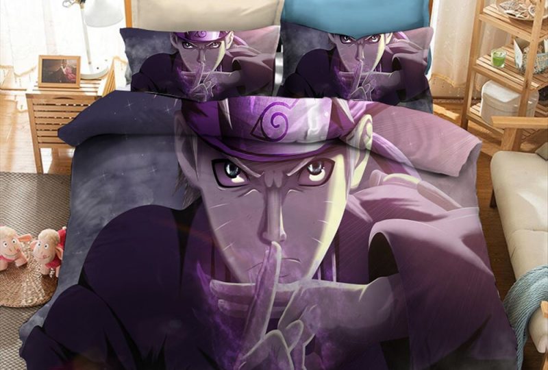 Parure de lit Naruto au regard fixe. Bonne qualité, confortable et à la mode sur un lit dans une maison