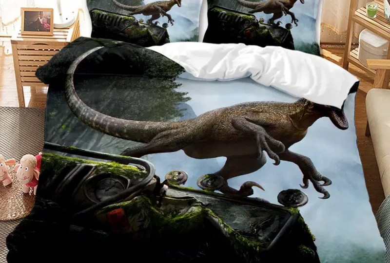 Parure de lit Jurassic Park. Bonne qualité, confortable et à la mode sur un lit dans une maison