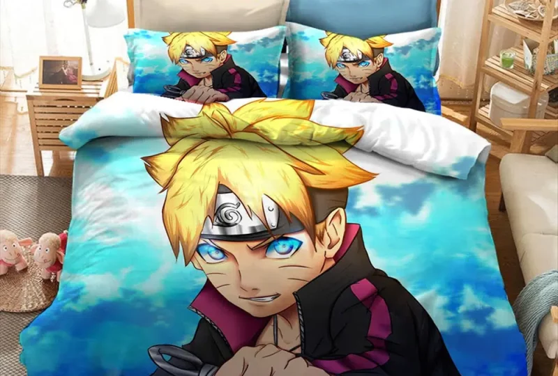 Parure de lit Boruto. Bonne qualité, confortable et à la mode sur un lit dans une maison