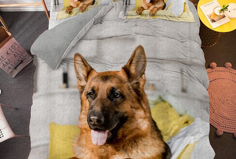Parure de lit chien berger allemand. Bonne qualité, confortable et à la mode sur un lit dans une maison