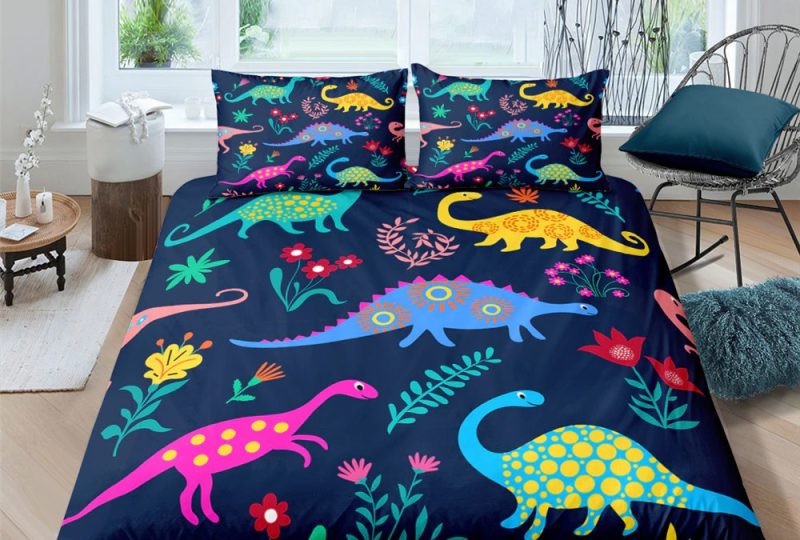 Parure de lit dinosaure dessin d'enfant bleu marine