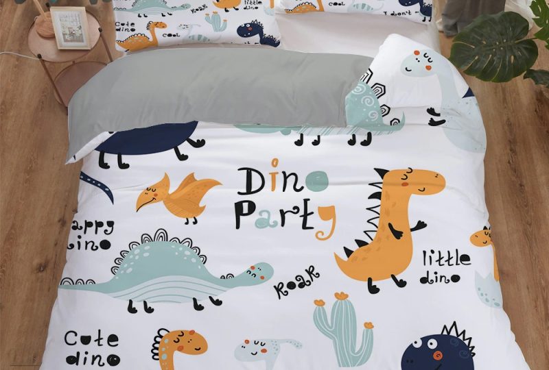 Parure de lit dinosaure dessin d'enfant blanc