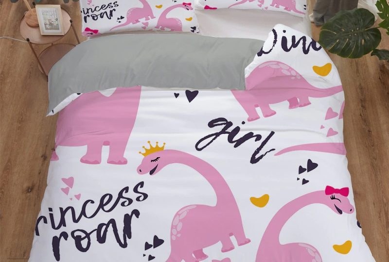 Parure de lit dinosaure dessin d'enfant rose
