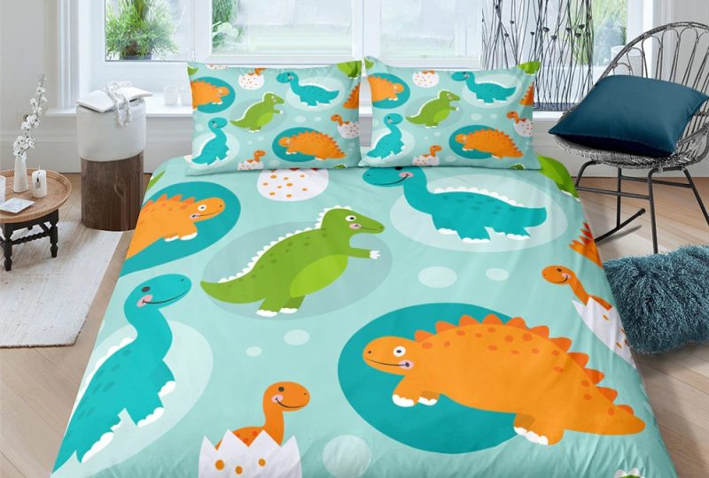 Parure de lit dinosaure dessin d'enfant turquoise
