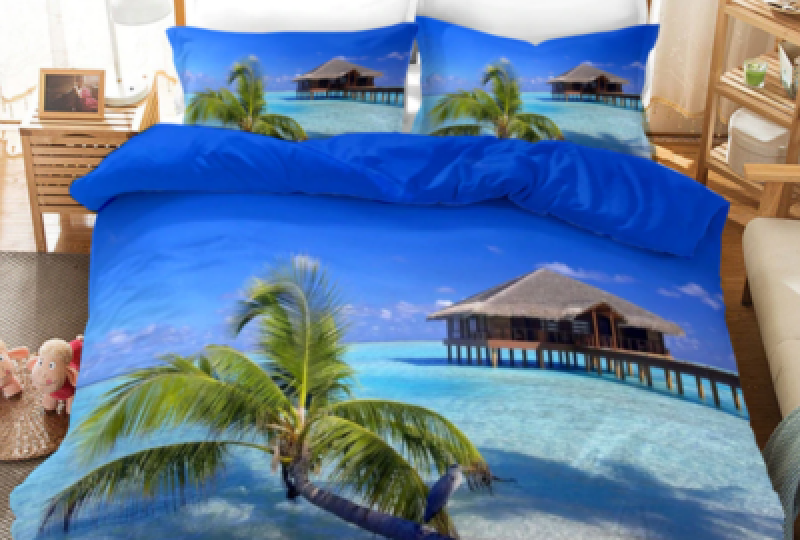 Parure de lit plage et bungalow. Bonne qualité, confortable et à la mode sur un lit dans une maison