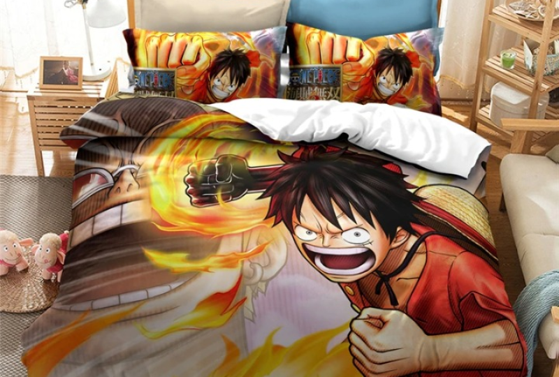 Parure de lit One piece Monkey. D Luffy en colère. Bonne qualité, confortable et à la mode sur un lit dans une maison