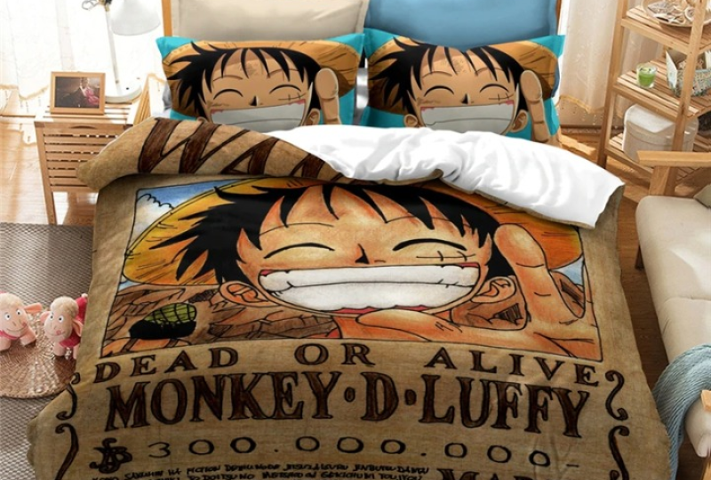 Parure de lit à motif One piece Monkey.D Luffy marron. Bonne qualité, confortable et à la mode sur un lit dans une maison