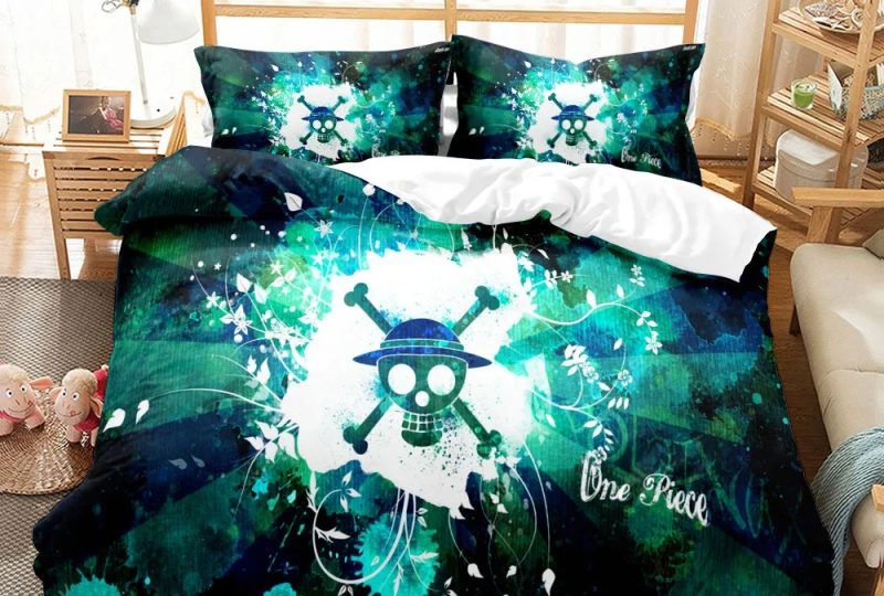 Parure de lit avec le logo One Piece vert avec un fond une chambre