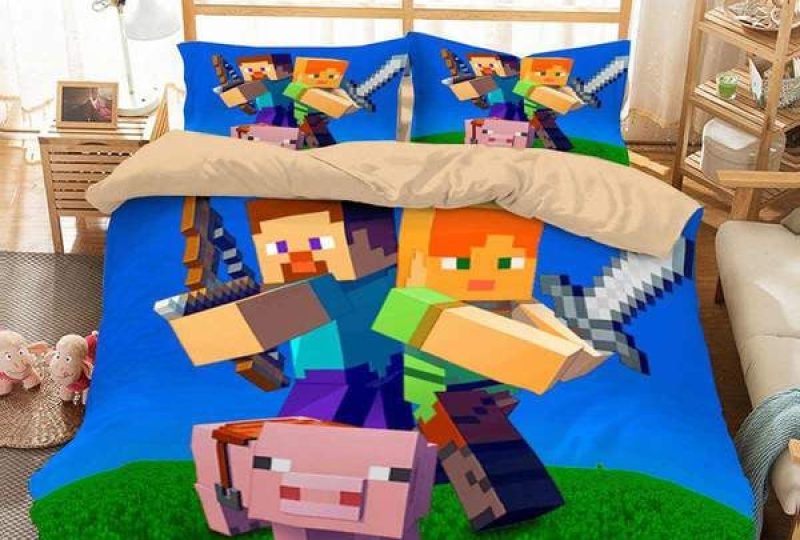 Parure de lit bleu Minecraft avec un fond une chambre