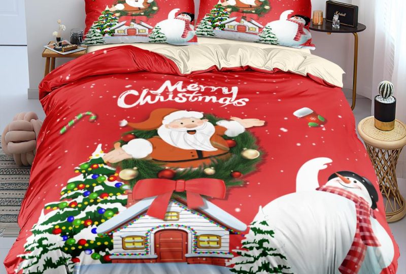 Parure de lit de Noël imprimé 3D père Noël "Merry Christmas". Bonne qualité, confortable et à la mode sur un lit dans une maison
