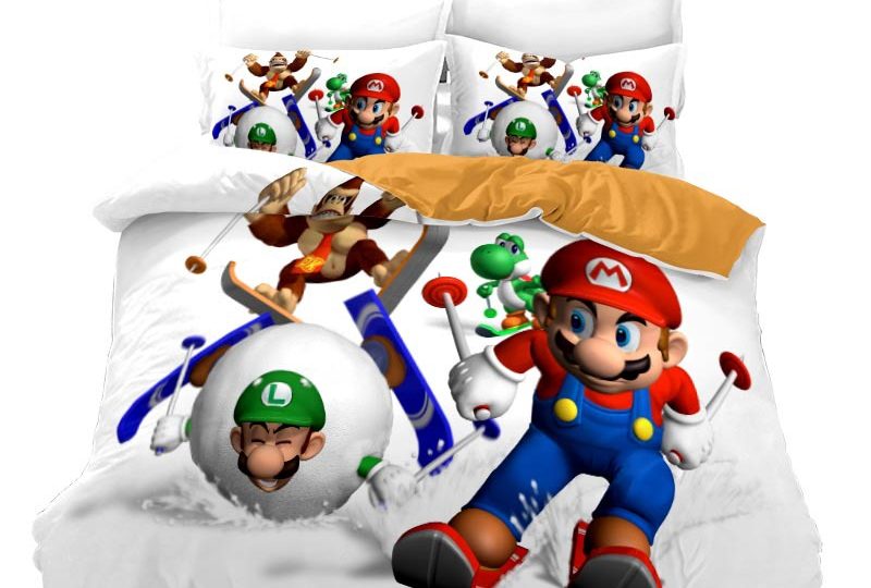Parure de lit Mario au ski. Bonne qualité, confortable et à la mode sur un lit dans une maison