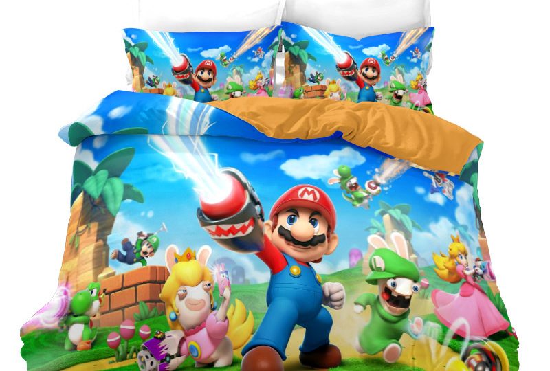 Parure de lit Mario au bras laser. Bonne qualité, confortable et à la mode sur un lit dans une maison