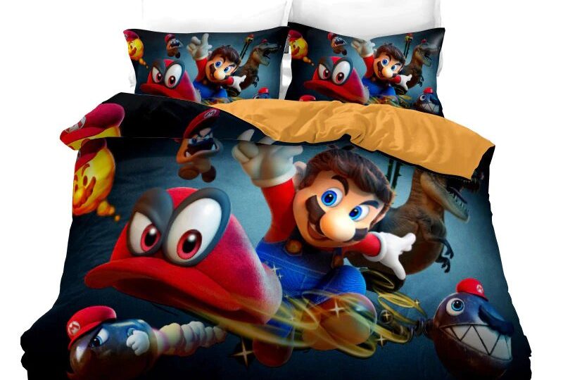 Parure de lit Mario et sa casquette volante. Bonne qualité, confortable et à la mode sur un lit dans une maison