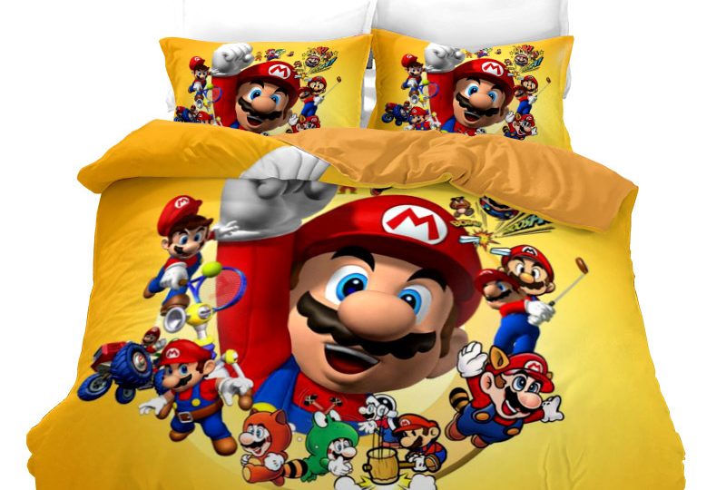 Parure de lit Mario le poing levé. Bonne qualité, confortable et à la mode sur un lit dans une maison