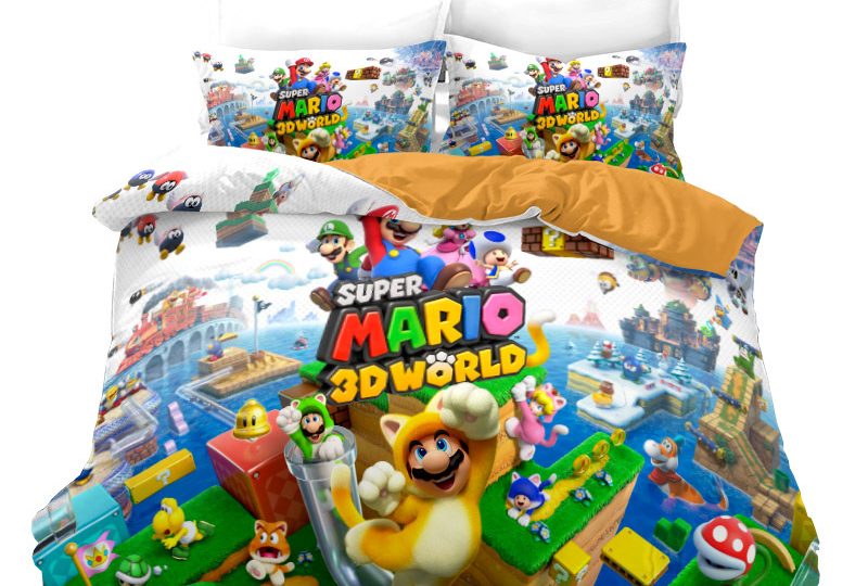 Parure de lit Super Mario 3D World. Bonne qualité, confortable et à la mode sur un lit dans une maison
