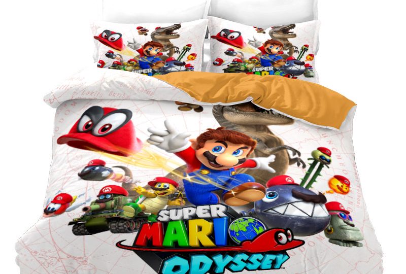 Parure de lit Super Mario Odyssey. Bonne qualité, confortable et à la mode sur un lit dans une maison