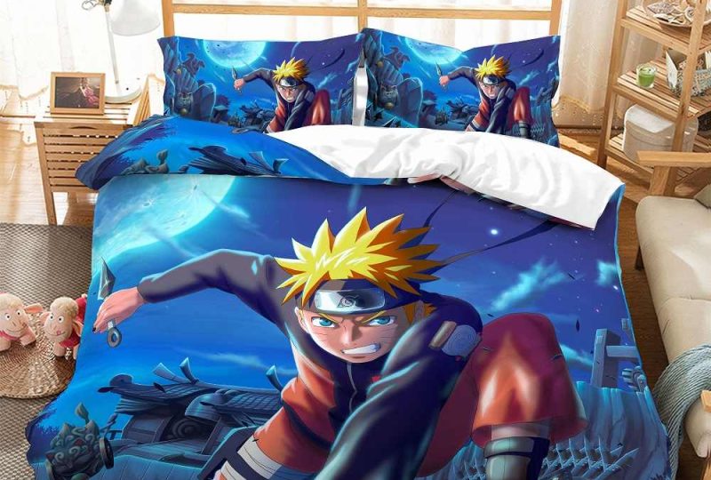 Parure de lit bleu marine Naruto. Bonne qualité, confortable et à la mode sur un lit dans une maison