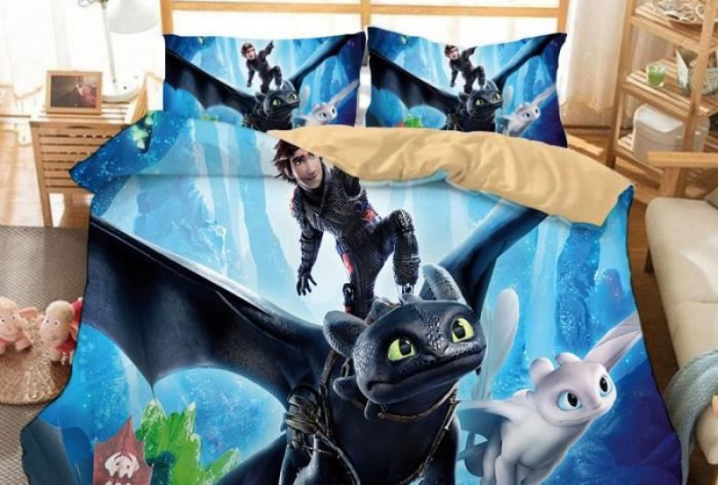 Parure de lit "comment dresser votre dragon''.Bonne qualité, confortable et à la mode sur un lit dans une maison