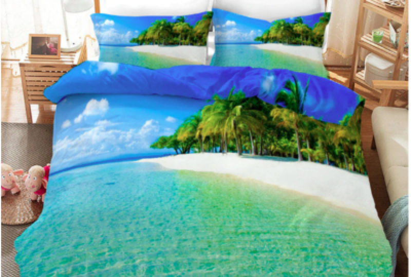 plage-bleue Parure de lit plage bleue. Bonne qualité, confortable et à la mode sur un lit dans une maison