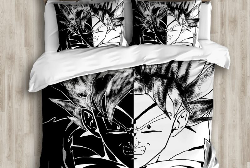 Parure de lit Dragon Ball noir et blanc, bonne qualité et à la mode sur un lit dans une maison
