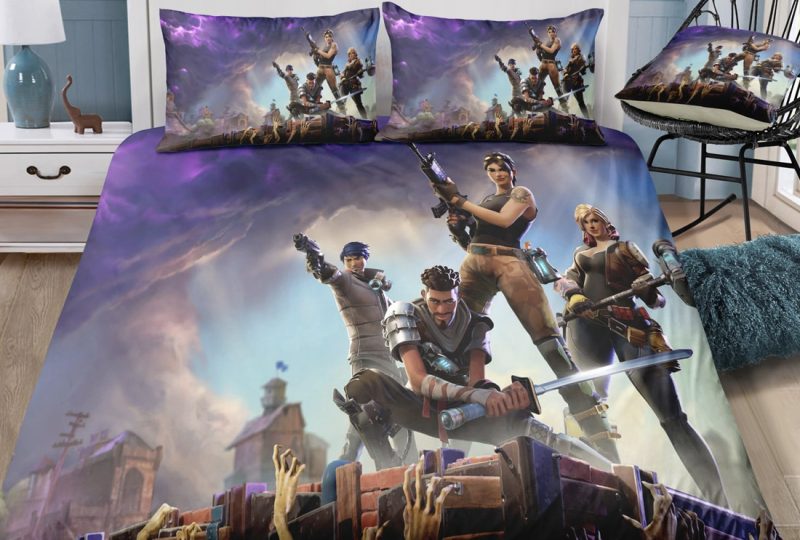 Parure de lit Fortnite zombies. Bonne qualité et à la mode sur un lit dans une maison